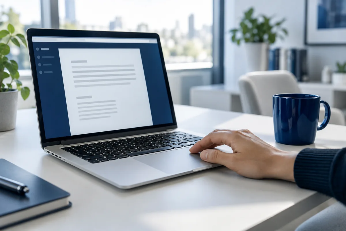A hand using a laptop at a bright desk with a blue mug